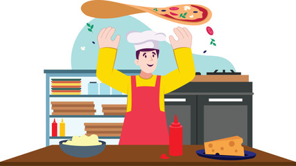 Pizza Making Skills Illustration in a Professional Kitchen A chef skillfully tossing pizza dough, with ingredients like cheese and vegetables around.