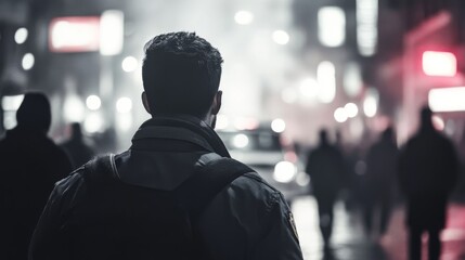Man walking in a busy city at night.