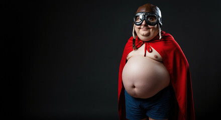 Cartoonish short fat man dressed as a superhero with a red cape and aviator goggles