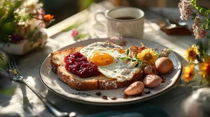 A sunny breakfast scene with toast, jam, eggs, and a cup of coffee