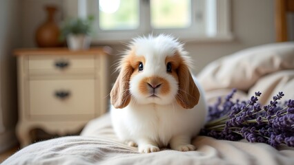 Dwarf Baby Rabbit Resting Softly with Lavender in Warm Sunlight with Copy Space