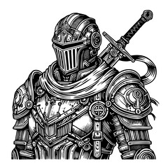 Cyberpunk armored knight holding a large sword, showcasing ornate armor details and medieval design sketch engraving generative ai PNG illustration. Scratch board imitation. Black and white image.
