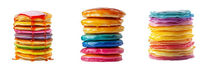 Set of A close-up shot of stack of fluffy pancakes drizzled with rainbow-colored frosting  on transparent png background
