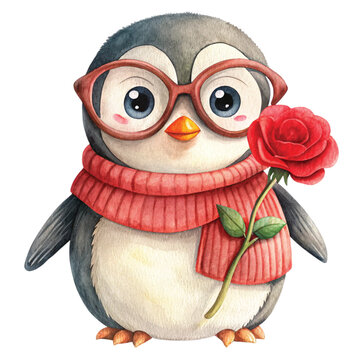 Penguin Rose Sweater Valentine's Day Clipart Watercolor 