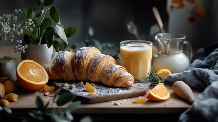 A breakfast scene with croissants, fresh orange juice, and a latte.