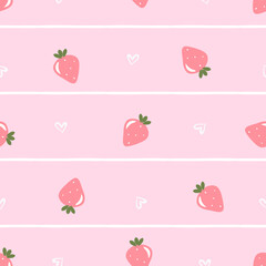 Seamless pattern of strawberries with green leaves, hand drawn hearts and stripe line on pink background vector.