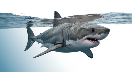 Fototapeta premium A photorealistic great white shark swimming powerfully forward, its sharp teeth slightly visible, isolated on a white background