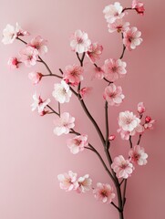 Fototapeta premium Cherry blossom branch arrangement floral design elegant pink background nature close-up view spring aesthetic inspiration