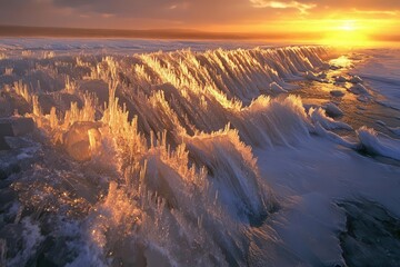 crystalline ice formations along frozen creek bed, winter sunlight creating prismatic effects through translucent layers