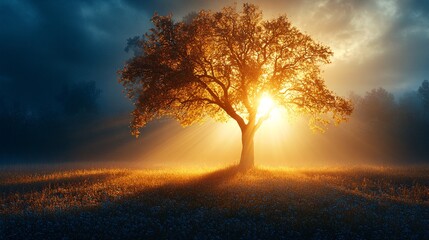 Fototapeta premium Majestic Tree Illuminated by Warm Light in Misty Landscape