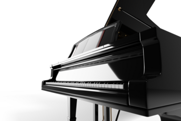 Elegant black grand piano on transparent background