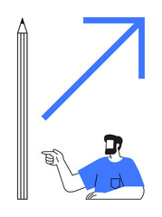 Pencil, upward arrow, person pointing convey growth, creativity. Ideal for innovation, education, achievement, motivation leadership creative thinking success. Visualized in blue and black