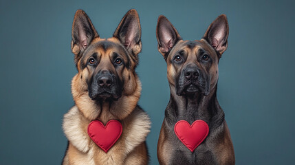 Two German Shepherds with Red Hearts