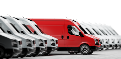 Red delivery van followed by white vans on transparent background