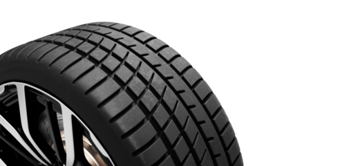 Car tire and alloy wheel detail on transparent background