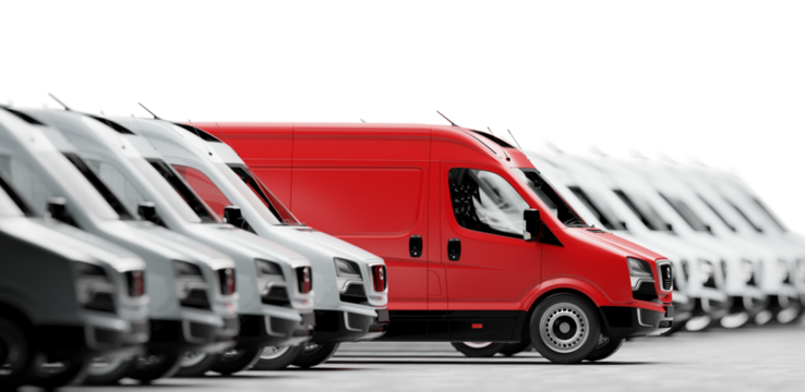 Red delivery van followed by white vans on transparent background