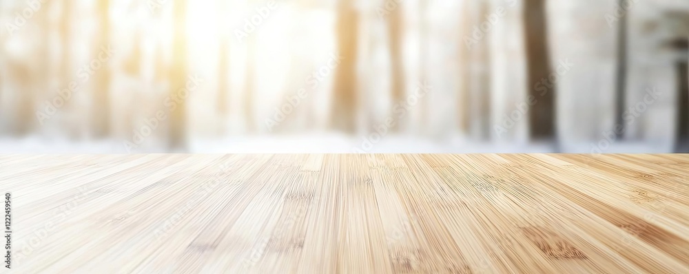 Poster eco-friendly materials minimalist idea. a wooden table with a serene winter forest background, evoki