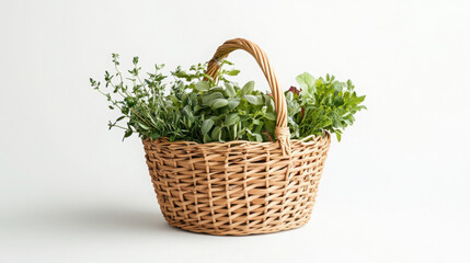Organic herbs in woven basket for culinary and healing applications