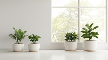 Indoor plants minimalist concept. A serene indoor scene featuring elegant potted plants near a bright window.