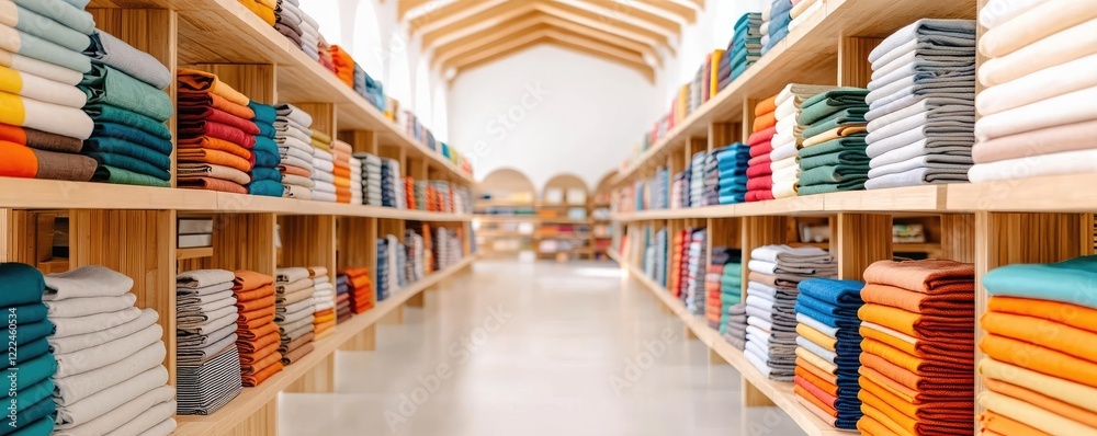 Poster eco-friendly materials minimalist idea. a vibrant store aisle filled with neatly stacked colorful fa