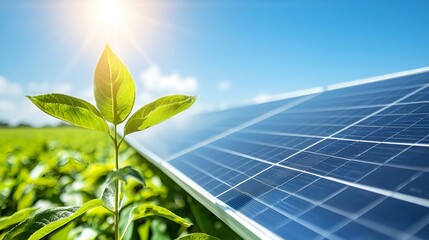 Fototapeta premium Green Plant Growing Near Solar Panel Under Bright Sunlight