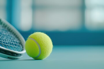 Close Up of Tennis Racket Hitting the Ball in Action on a Blue Surface