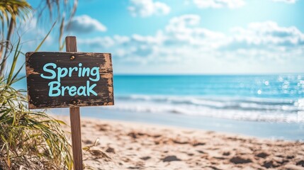 A wooden signboard on a sunny beach with the text Spring Break painted in bold, colorful letters, surrounded by sand and ocean waves.