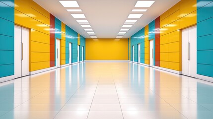 Obraz premium Colorful hallway interior design, doors, bright, modern building, reflective floor, corporate workspace