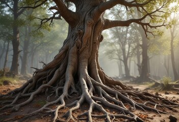 Mature tree trunk with dead branches and roots , nature, forest, outdoor