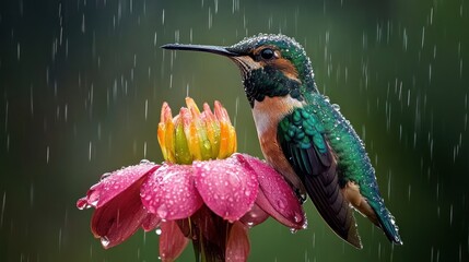 Hummingbird in the Rain: A Stunning Jewel-Toned Avian Portrait