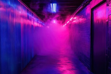 cyberpunk corridor with pulsating neon strips creating geometric patterns, steam rising through purple and blue lights, reflective metallic surfaces