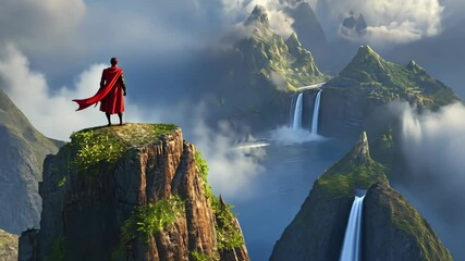 Character stands on a cliff overlooking majestic waterfalls and mountains in a fantastical landscape during a cloudy day