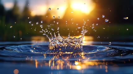 Water Splash at Sunset with Glimmering Reflections and Droplets