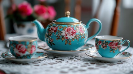 Fototapeta premium A vintage teapot with matching cups and saucers on a lace tablecloth