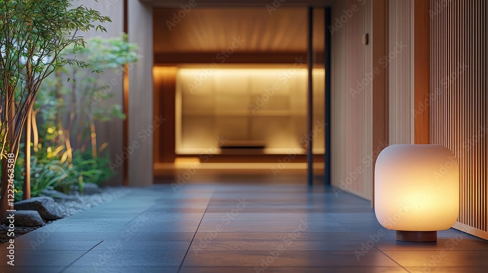 Poster spa inspired design minimalist concept. a serene hallway with a glowing lantern, blending nature and
