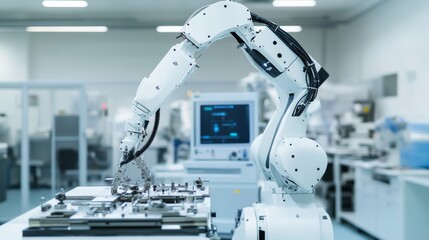 A cutting-edge robotic arm performing precise assembly tasks in a sterile manufacturing environment, Advanced style, photo of