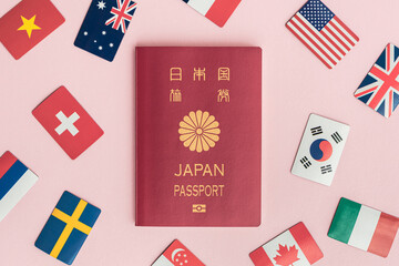 日本のパスポートと国旗　海外旅行　女子旅　ピンク背景