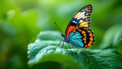 Fototapeta premium Detailed close up of vibrant butterfly resting gently on a large green leaf