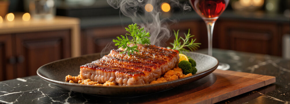 Elegant dish of lukanka with smoke garnish on wooden board, culinary art