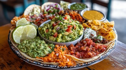 Fototapeta premium A colorful taco platter with guacamole, salsa, and lime wedges on the side