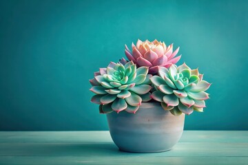 Obraz premium Serene succulents in a pale teal pot, arranged on a weathered teal wood surface against a vibrant teal background, evoke a sense of calm and tranquility.