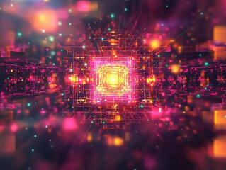 Fototapeta premium Futuristic quantum cryptography visualized with layered holographic shields protecting vital data streams amidst radiant quantum light