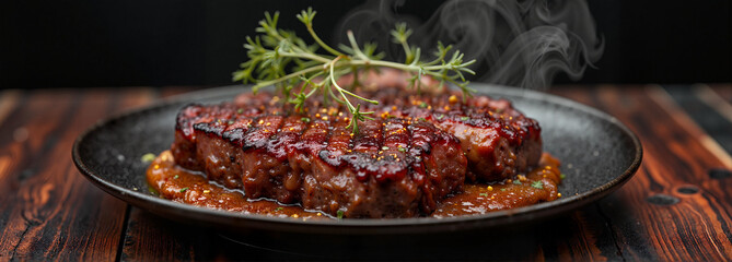 Fototapeta premium Grilled kangaroo steak on rustic plate, culinary delight