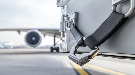 Close-up of an aircraft cargo container secured with a strap, airplane in background on tarmac