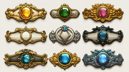 Game frames, bronze, gold and silver horizontal borders with ornate rims, gems. Ui level plaques evolution from simple to luxury. Isolated cartoon graphic gui elements for rpg, mmo or app, Vector set