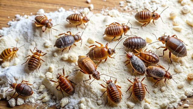Microscopic Booklice Infestation in Flour: Close-up View of Trogium pulsatorium