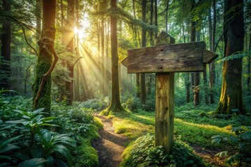Serene Woodland Path Sunlit Trail with Blank Wooden Signpost in Lush Forest