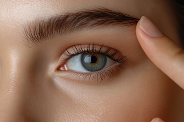 Fototapeta premium Closeup Of A Young Woman Pointing To Wrinkles On Her Upper Eyelid, Focusing On Blepharoplasty.