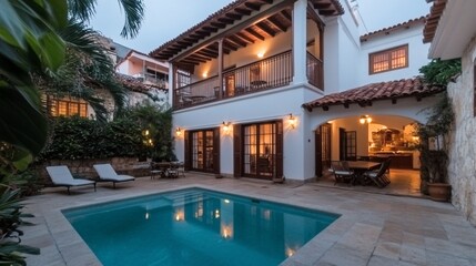 Fototapeta premium Cozy Villa with Pool and Lush Garden in Serene Environment