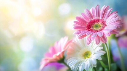 close up of spring flower field with gerberas